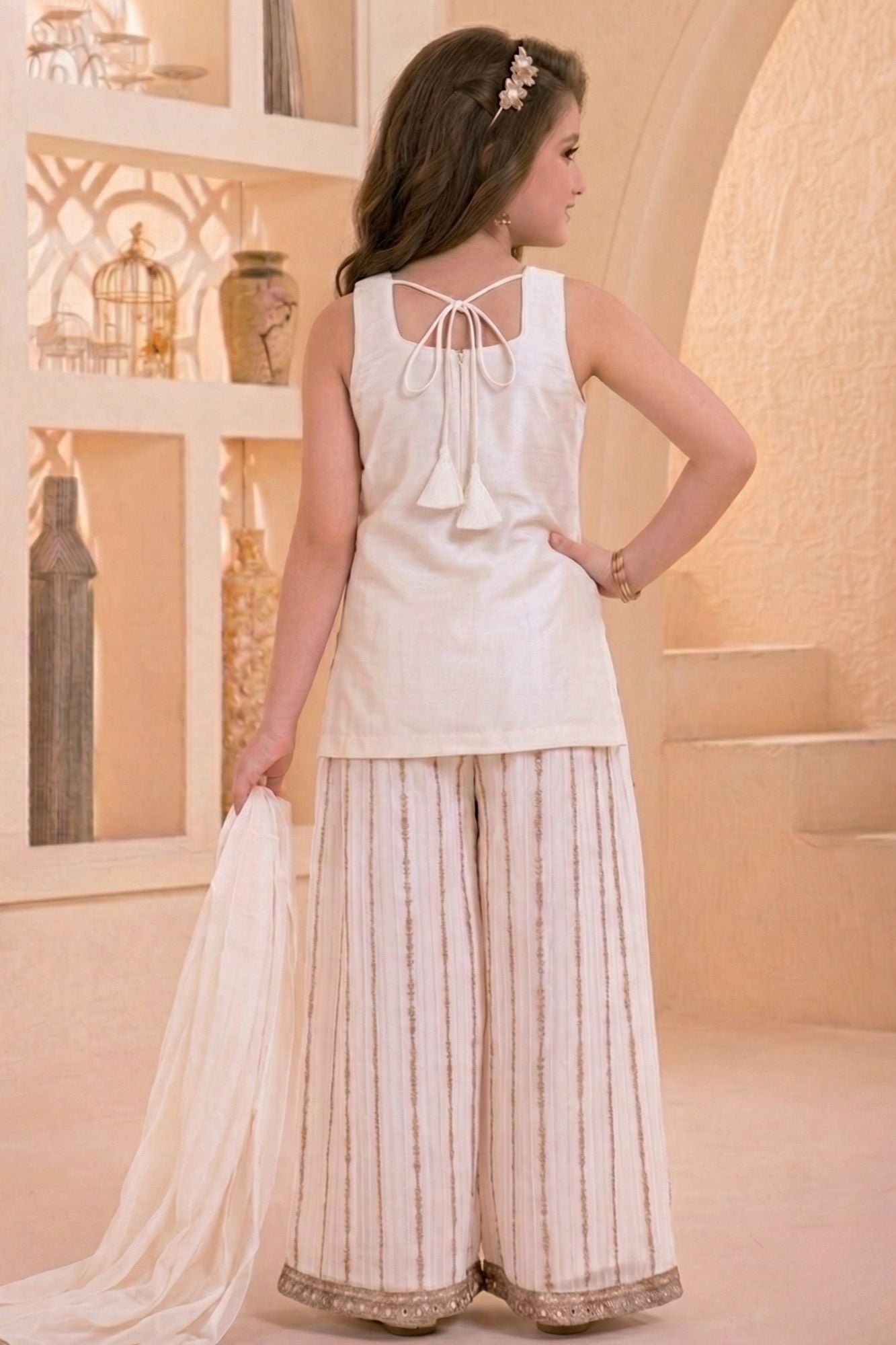 Cream Designer Embroidered Palazzo Set For Girls