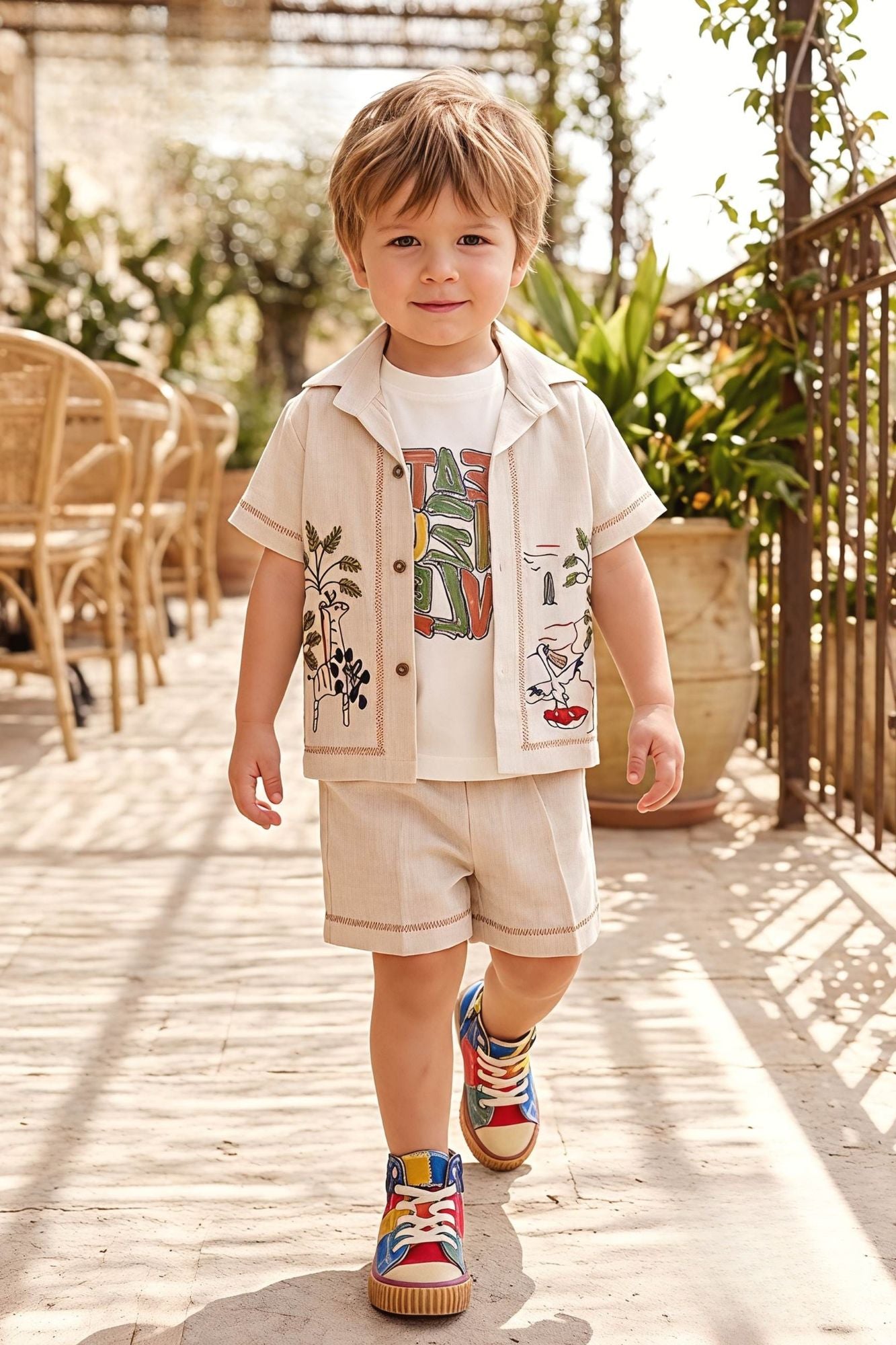 Boys Cream Embroidered  3-Piece Shorts Set with Printed T-Shirt