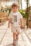Boys Cream Embroidered  3-Piece Shorts Set with Printed T-Shirt