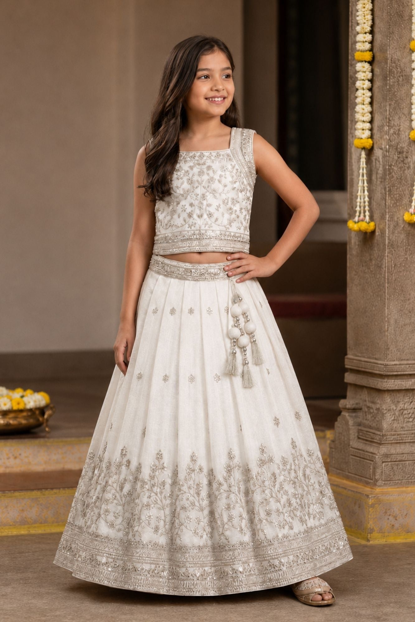 Girls Cream Embroidered Lehenga Choli Set with Dupatta
