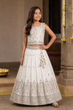 Girls Cream Embroidered Lehenga Choli Set with Dupatta