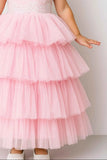 Pink Tiered Ruffle Party Gown With Floral Embroidery For Girls