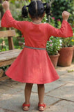 Coral Red Ruffle Frock with Belt For Girls