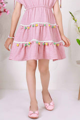 Pink Pom-Pom Cotton Frock with Embroidered Yoke For Girl