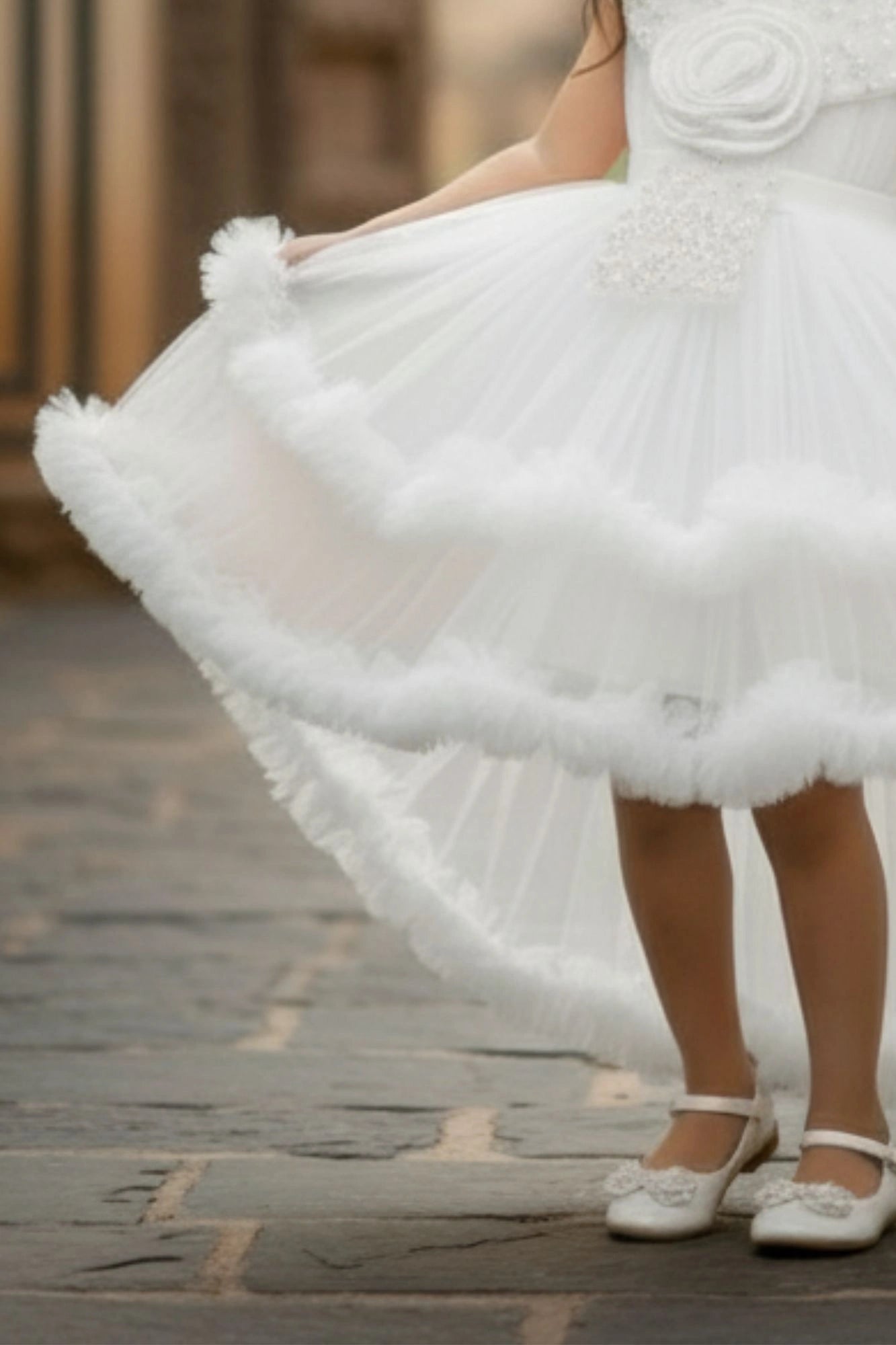White Layered High-Low Party Frock With Tailback For Girls