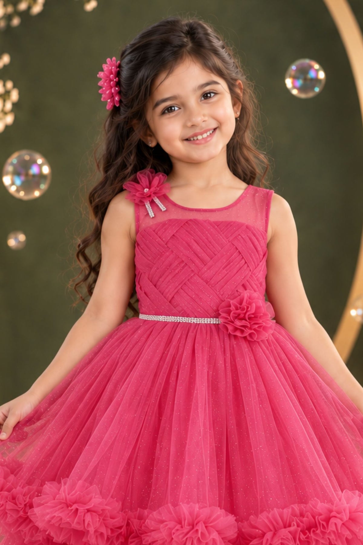 Rani Pink Layered Net Party Gown with Floral Ruffle Hem For Girls