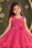 Rani Pink Layered Net Party Gown with Floral Ruffle Hem For Girls