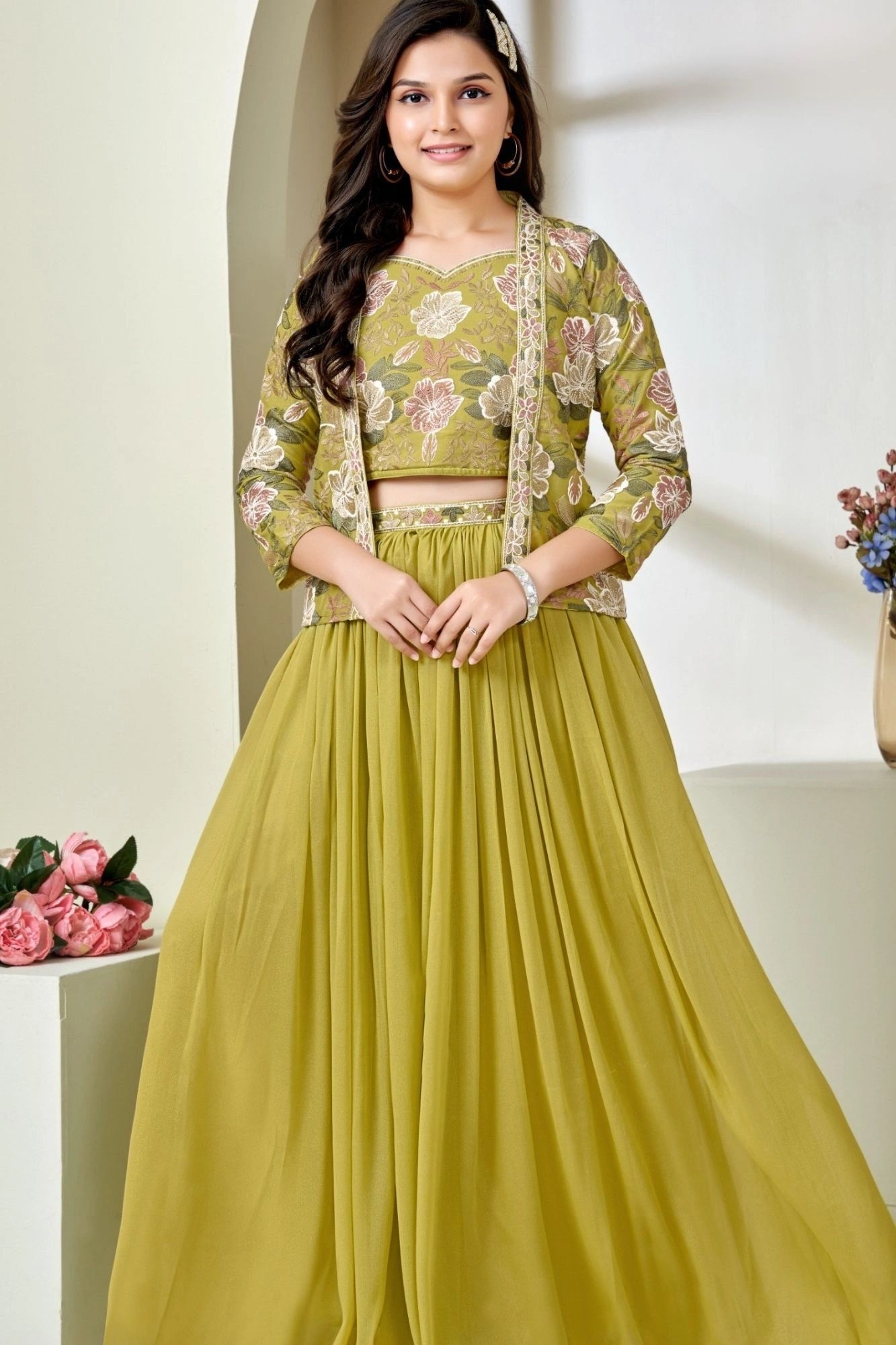 Olive Green Embroidered Palazzo Set with Jacket For Girls
