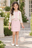 Girls Pink And White Striped Sleeveless Dress With White Textured Shrug