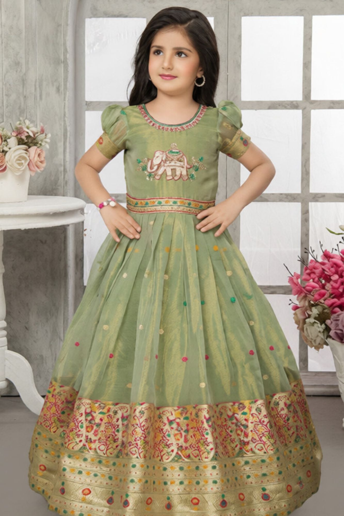 Pastel Green With Elephant Embroidered Ethnic Gown for Girls