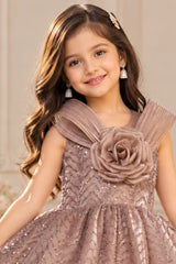 Girls Fawn Party Wear Frock with 3D Floral Bow And Sequin Detailing