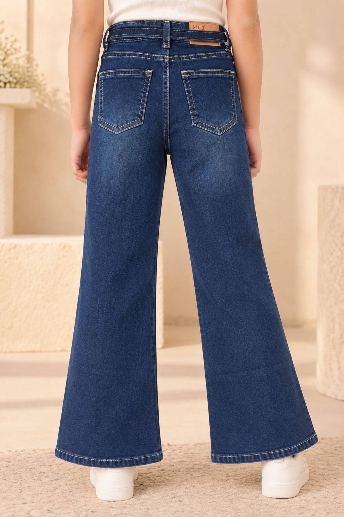 Dark Blue Washed Boot Cut Denim Jeans with Side Slit Detail For Girls