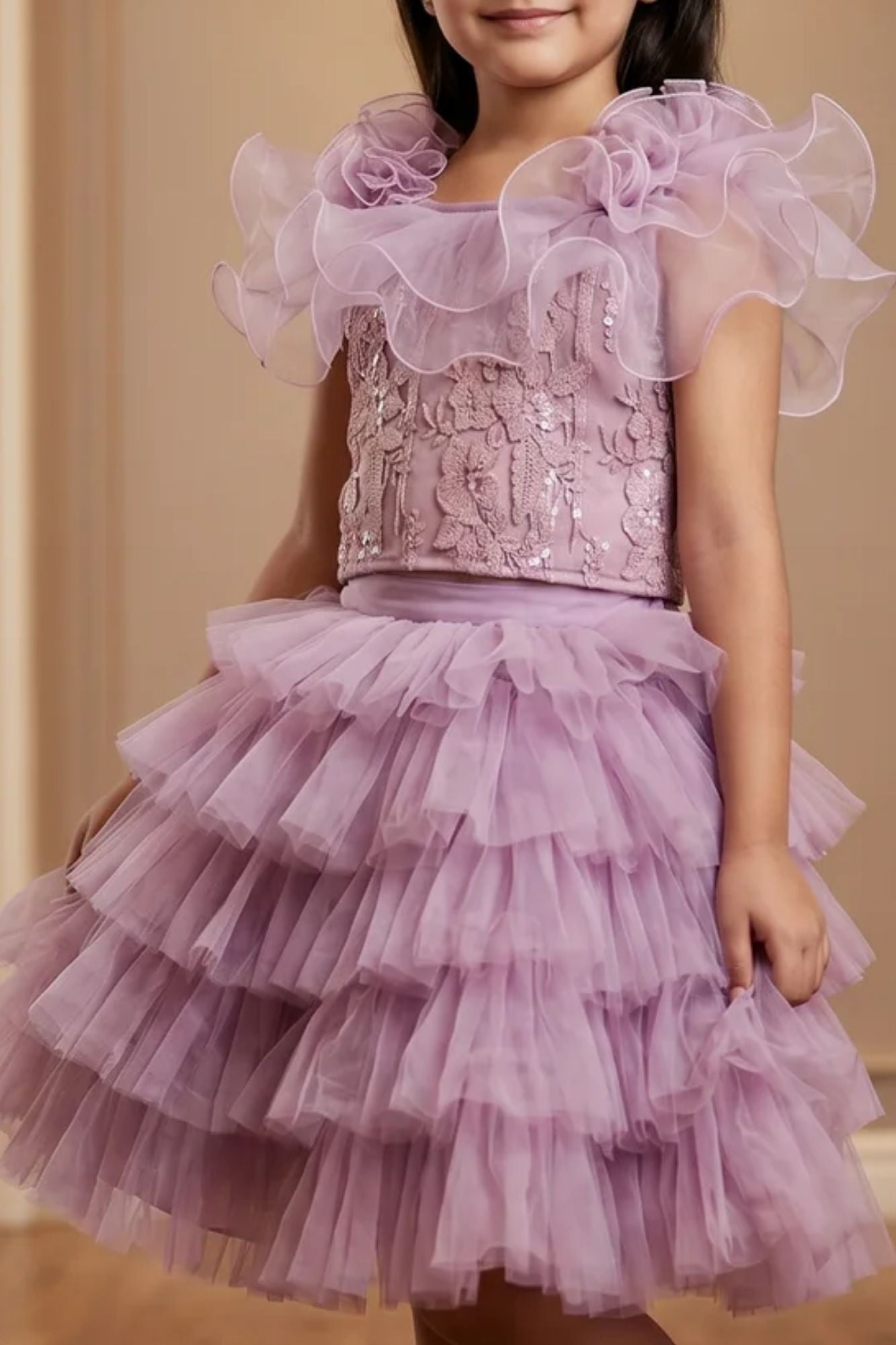 Girls Lavender Ruffle Skirt Set with Embroidered Top And And Ruffle Detailing