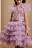 Girls Lavender Ruffle Skirt Set with Embroidered Top And And Ruffle Detailing
