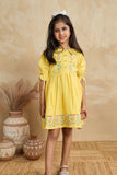 Bright Yellow Floral Embroidered Cotton Dress with Puff Sleeves For Girls