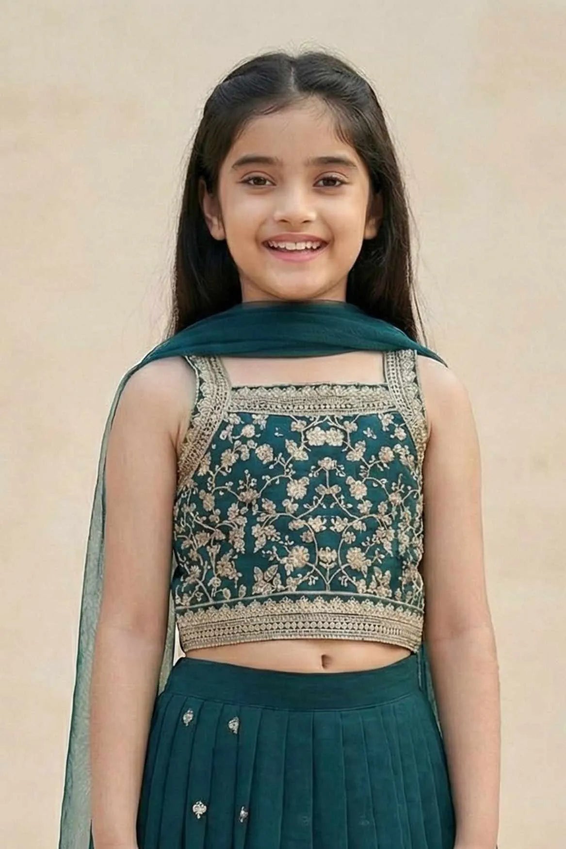 Bottle Green Embroidered Lehenga Choli with Dupatta For Girls