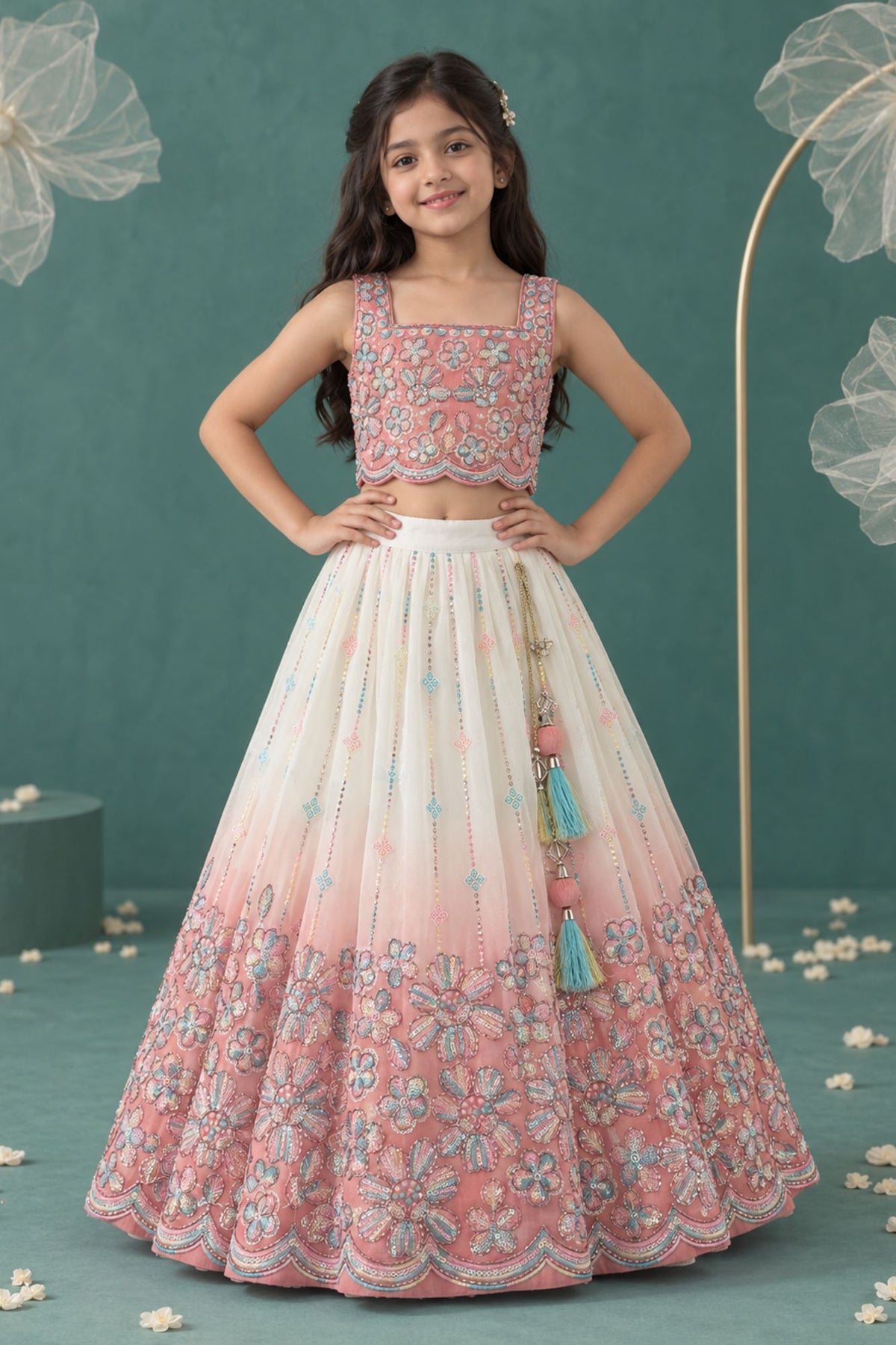 Girls Peach & Ivory Ombre Floral Embroidered Lehenga Choli Set