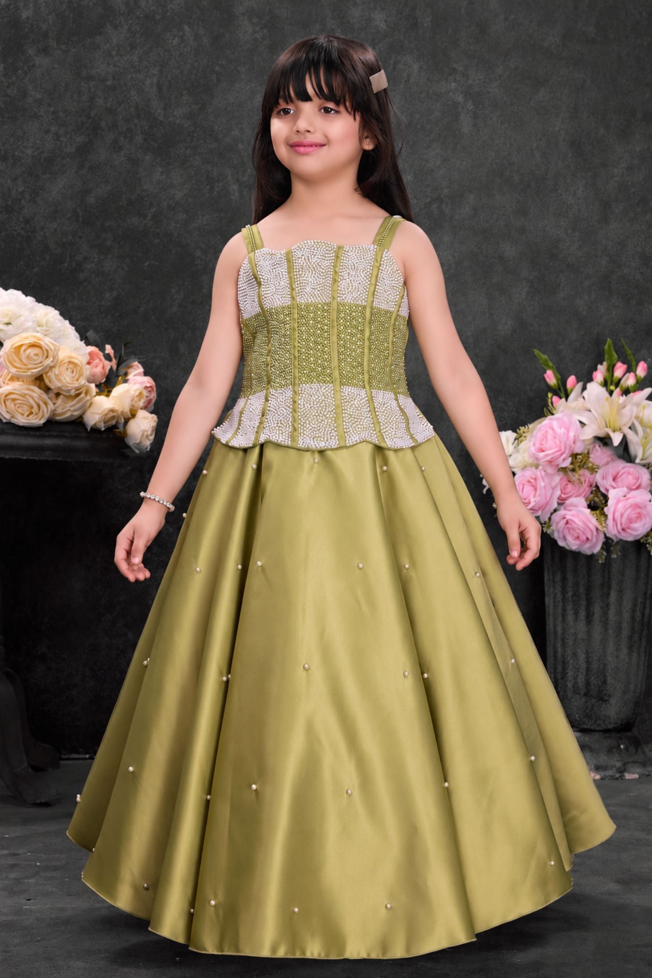 Olive Green Embellished Party Wear Gown for Girls