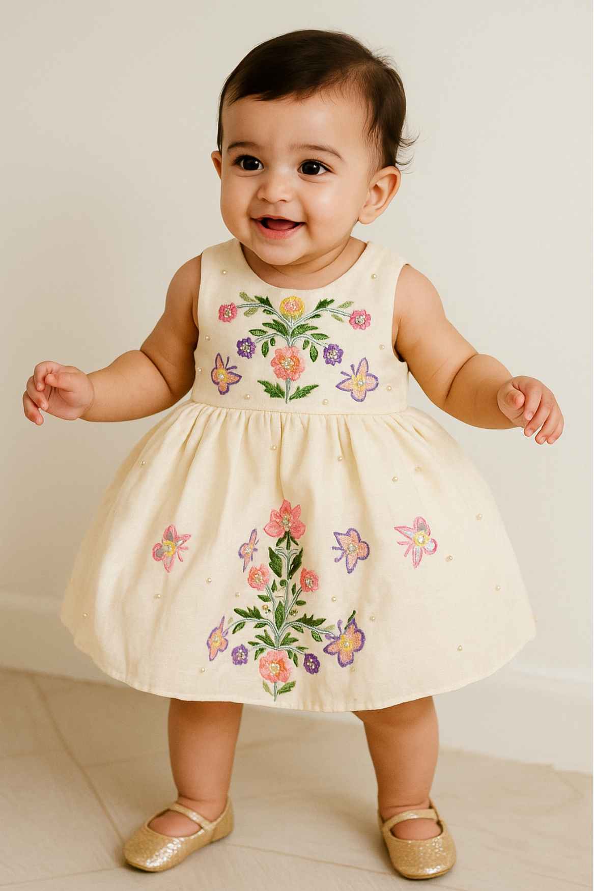 Cream Sleeveless Embroidered Frock With Butterfly Motifs & Pearls For Girls