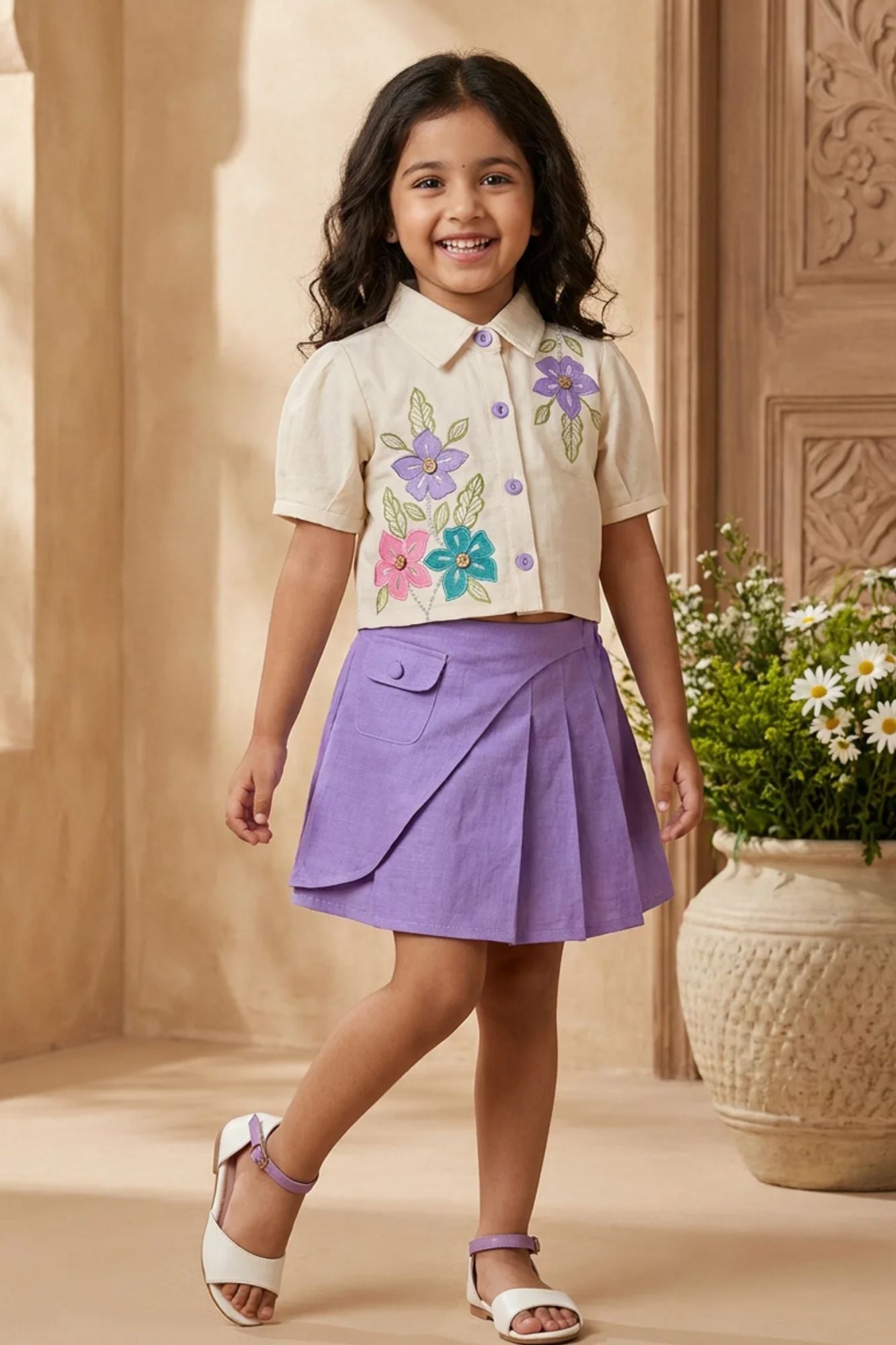 Girls Cream Floral Embroidered Top with Purple Skorts Set