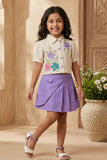 Girls Cream Floral Embroidered Top with Purple Skorts Set