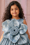 Steel Blue Oversized 3D Flower Party Wear Gown For Girls