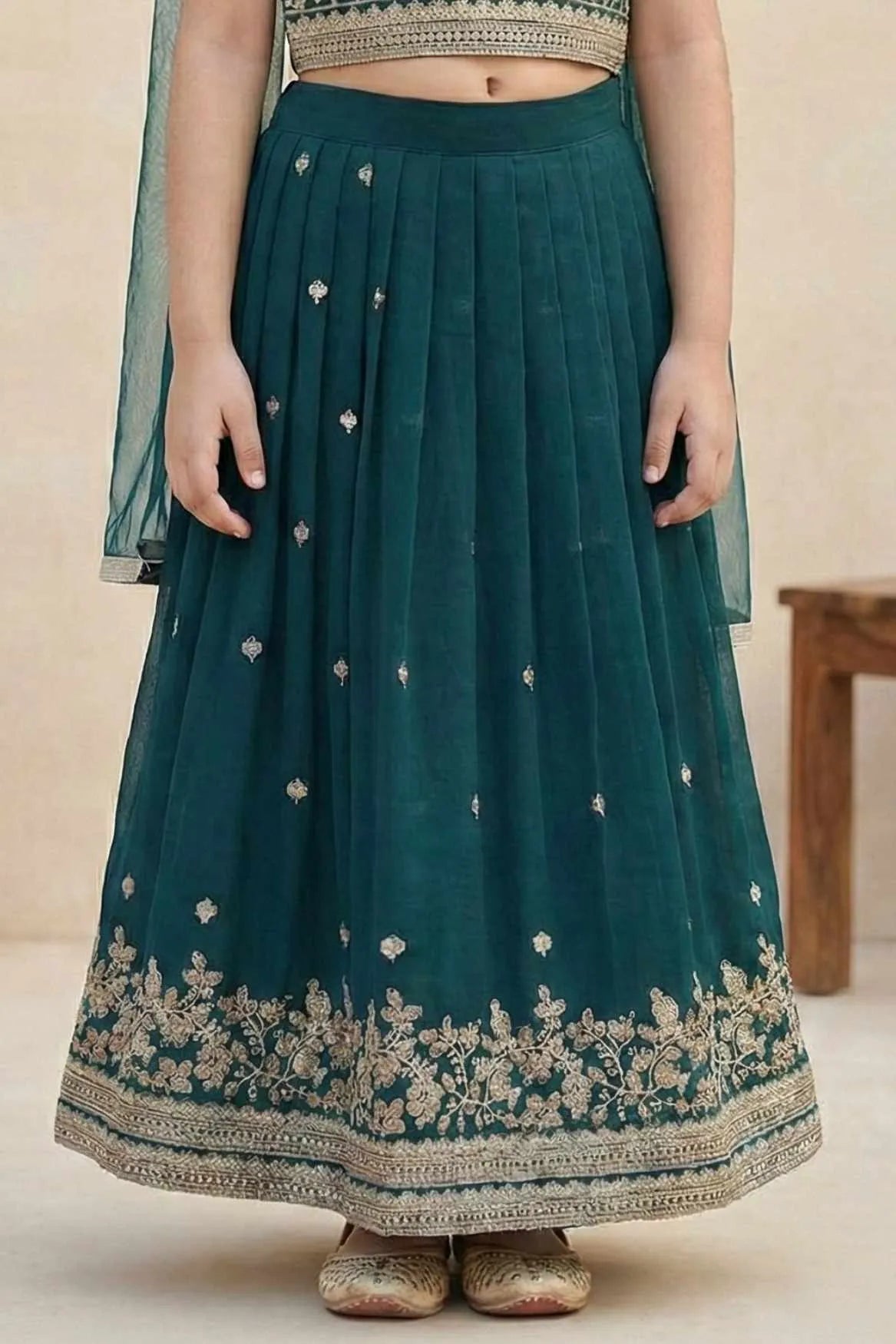 Bottle Green Embroidered Lehenga Choli with Dupatta For Girls