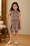 Girls Brown Floral Print Pleated Skirt Set with Peter Pan Collar Top And Tassel Charm