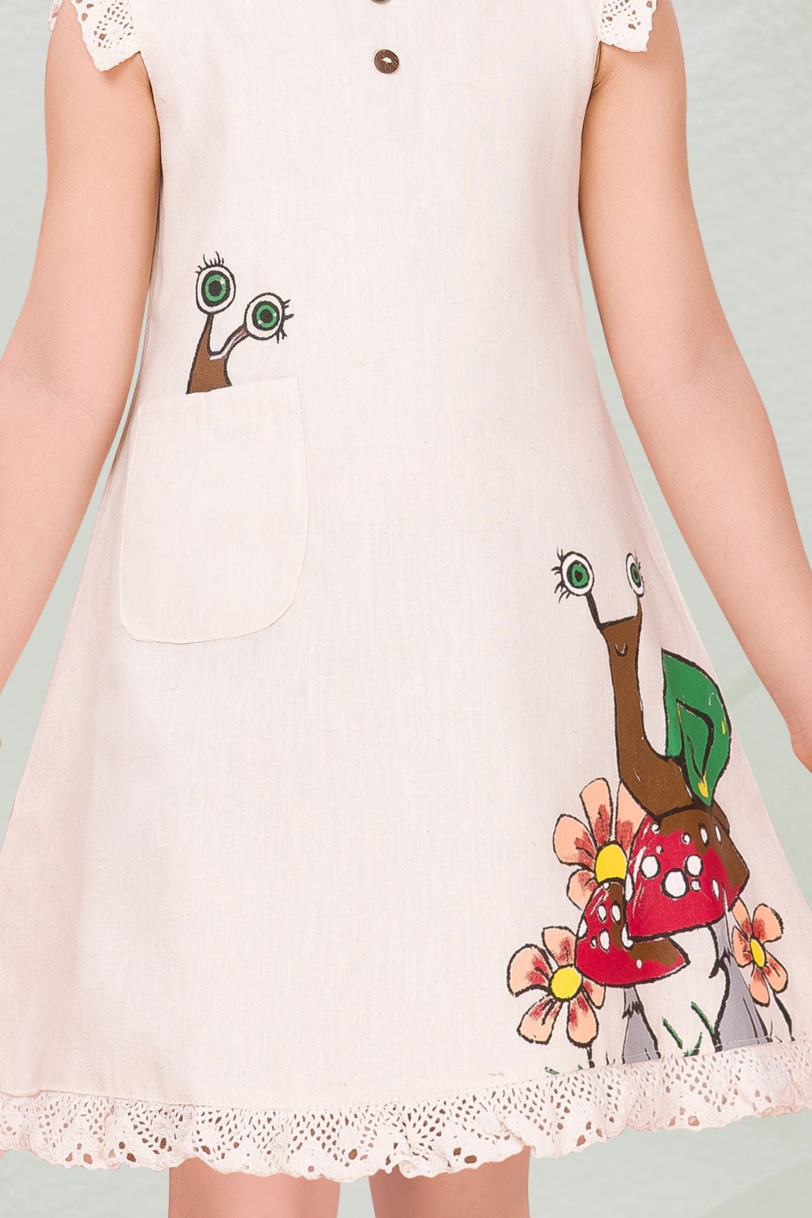 Cream Snail And Floral Print A-Line Dress For Girls