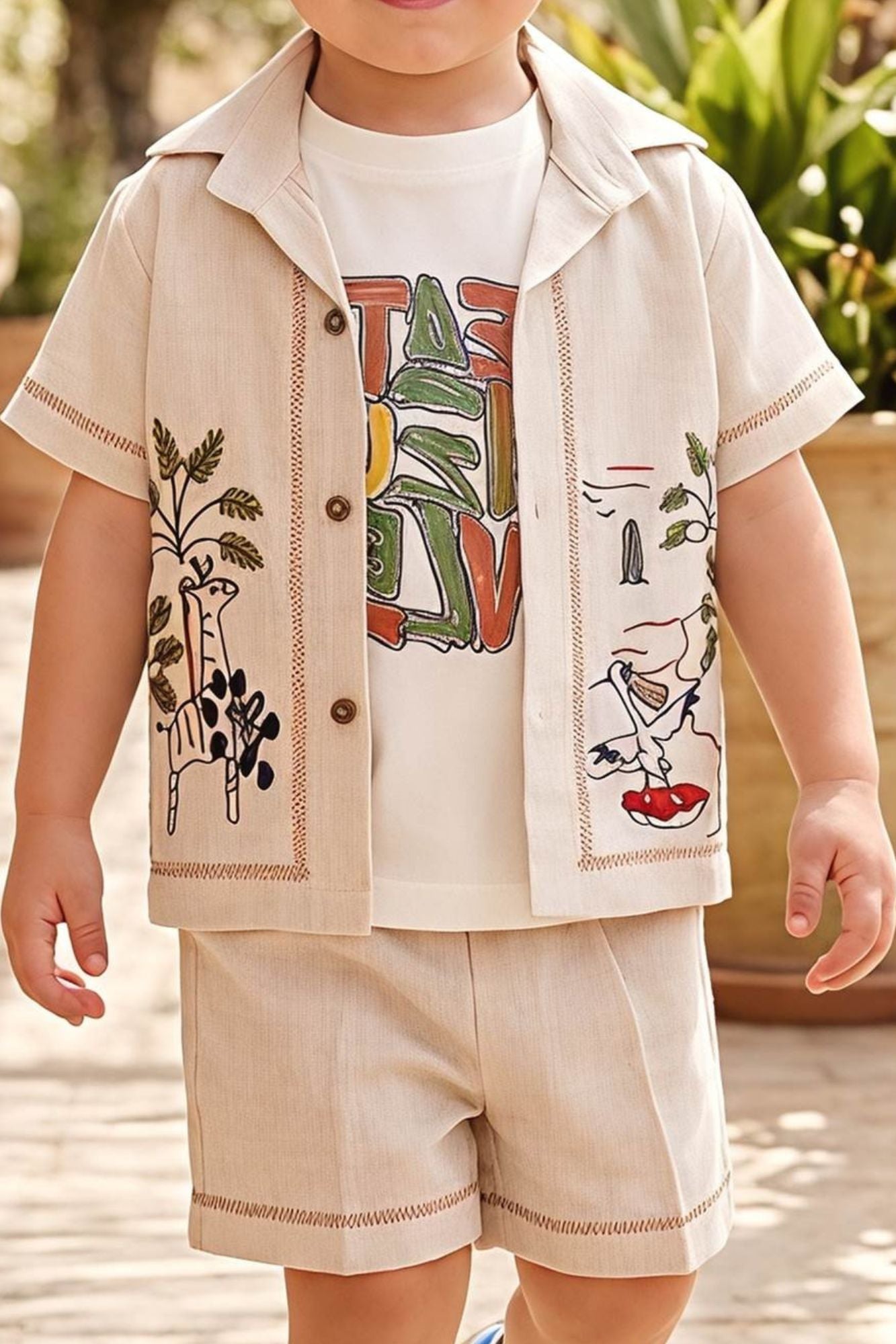 Boys Cream Embroidered  3-Piece Shorts Set with Printed T-Shirt