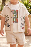 Boys Cream Embroidered  3-Piece Shorts Set with Printed T-Shirt