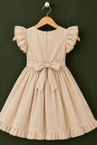Fawn Floral Embroidered Ruffle Sleeve Flared Dress For Girls