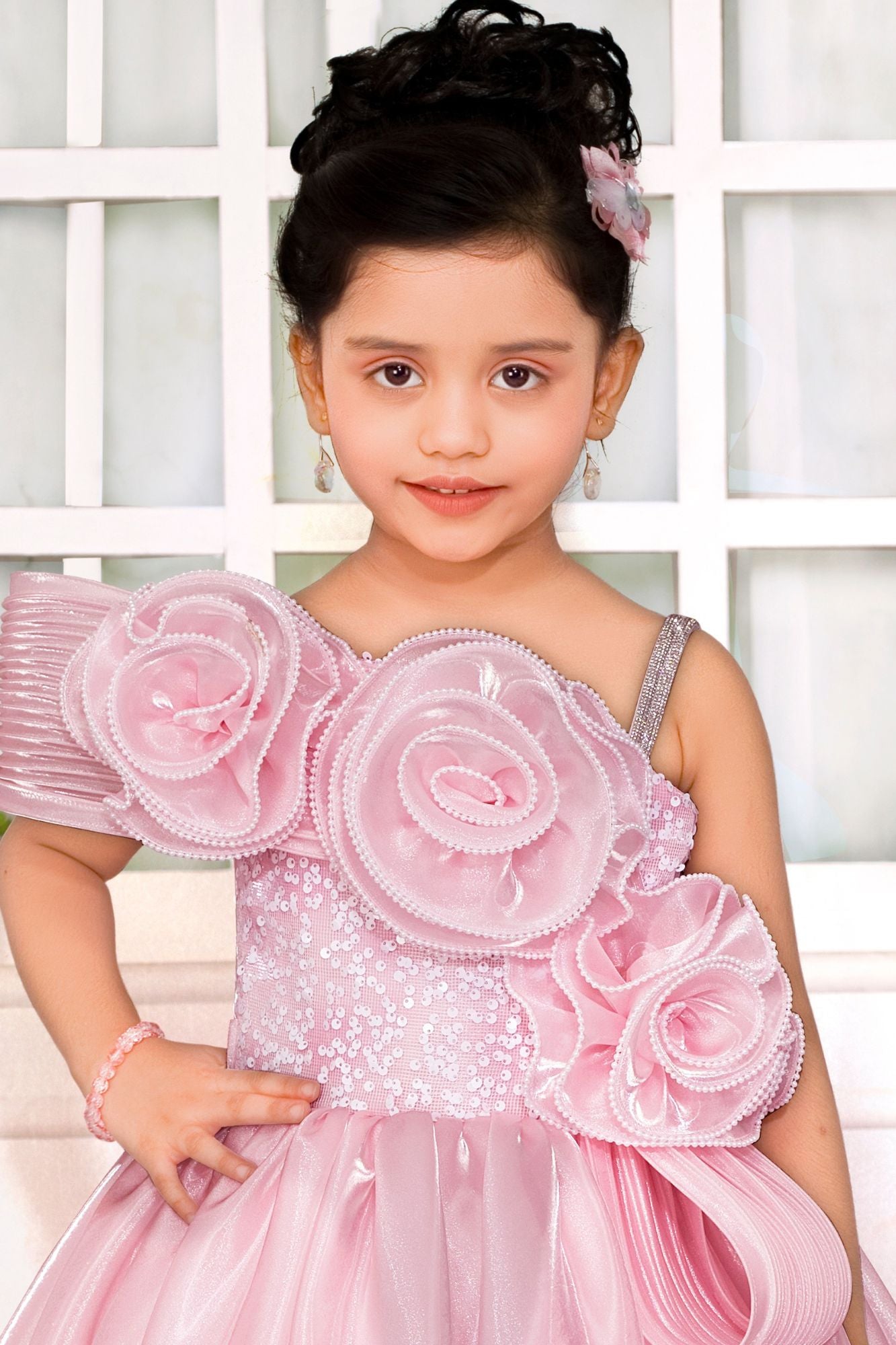 Girls Baby Pink One-Shoulder Party Gown with 3D Floral Ruffles