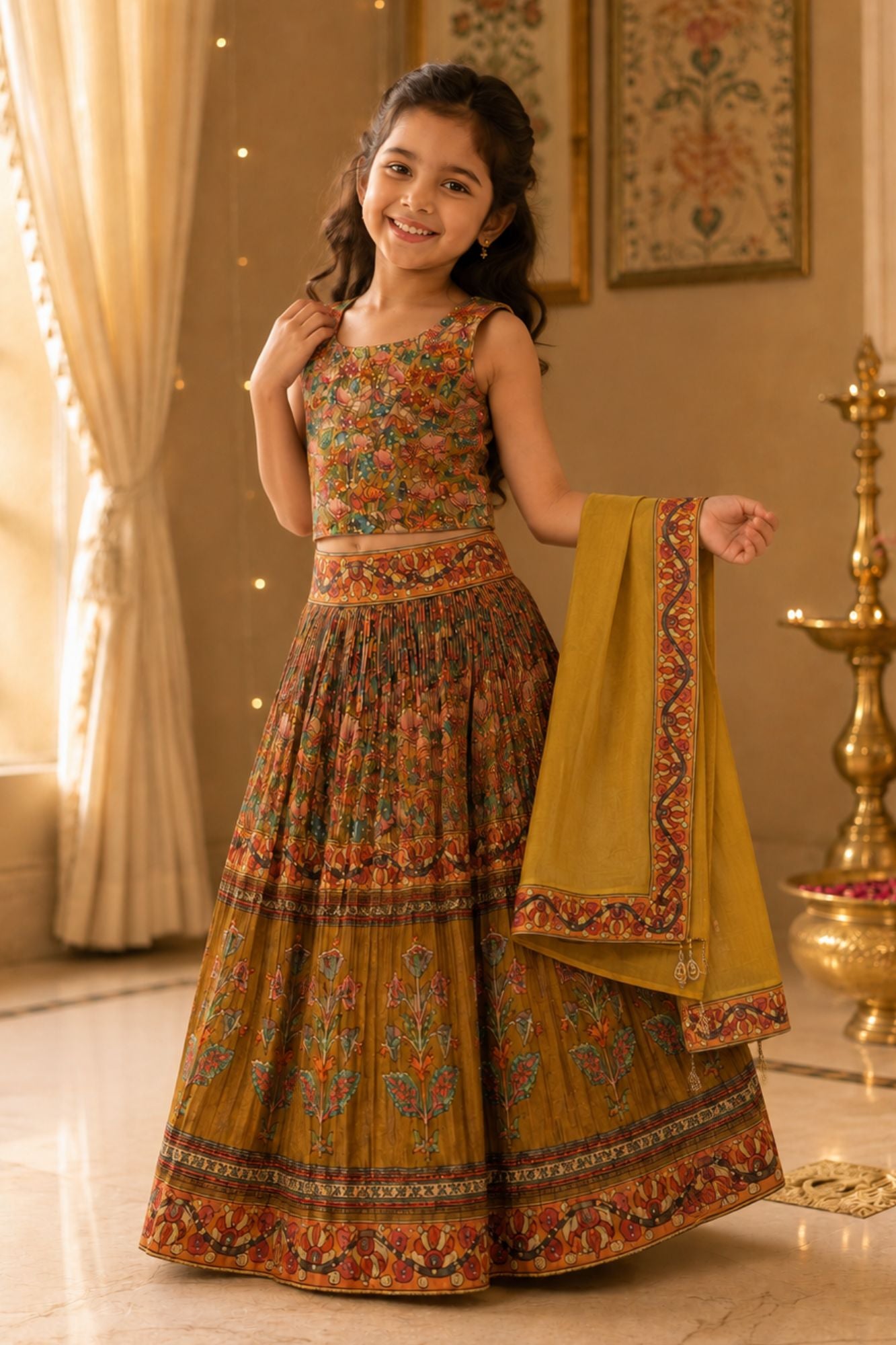 Fawn Floral Printed Lehenga Choli Set with Dupatta