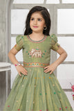 Pastel Green With Elephant Embroidered Ethnic Gown for Girls