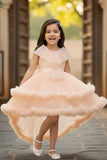 Peach Layered High-Low Party Frock With Tailback For Girls