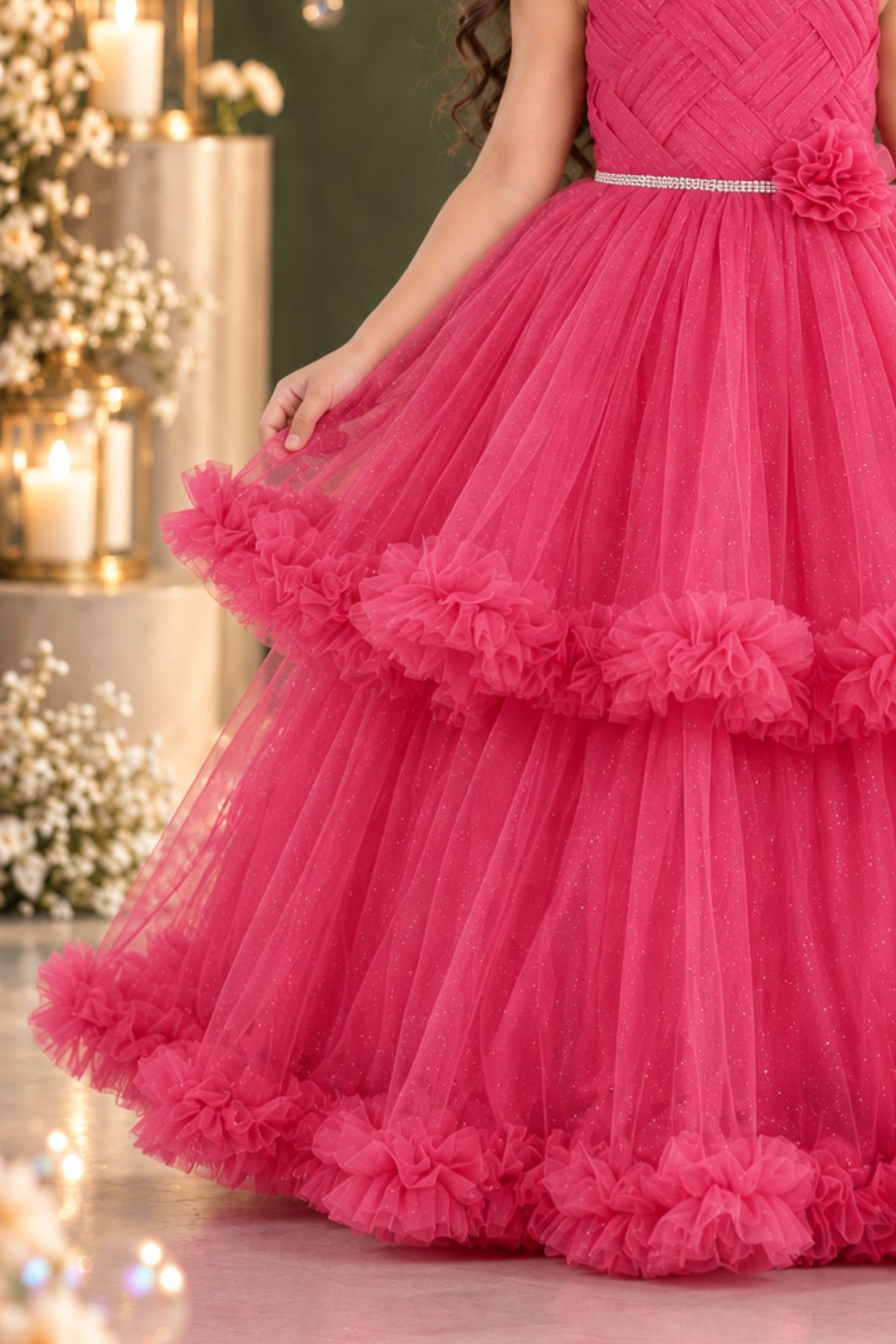 Rani Pink Layered Net Party Gown with Floral Ruffle Hem For Girls