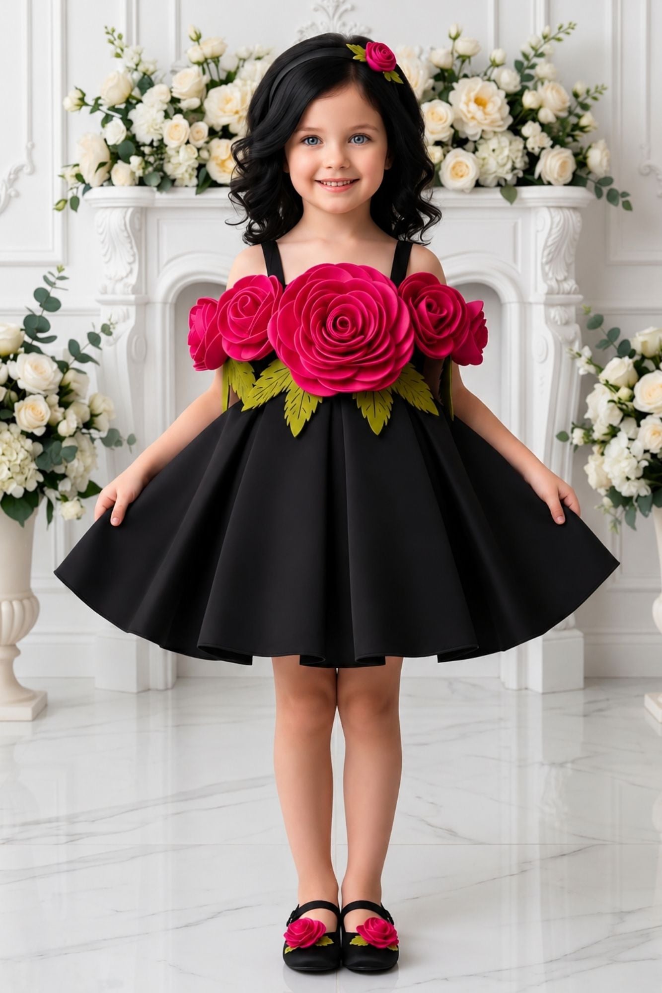 Girls Black 3D Floral Applique Party Wear Frock