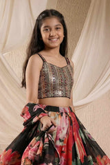 Black Floral Printed Lehenga Choli Set for Girls