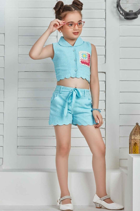 Sky Blue Crop Top And Short Set For Girls