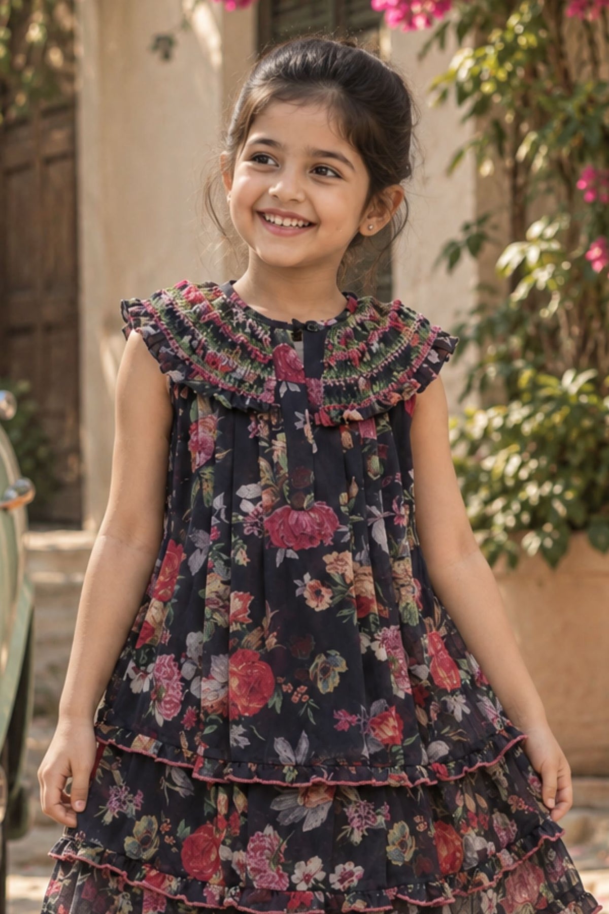 Black Floral Tiered Frock with Smocked Collar Dress For Girls