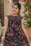 Black Floral Tiered Frock with Smocked Collar Dress For Girls