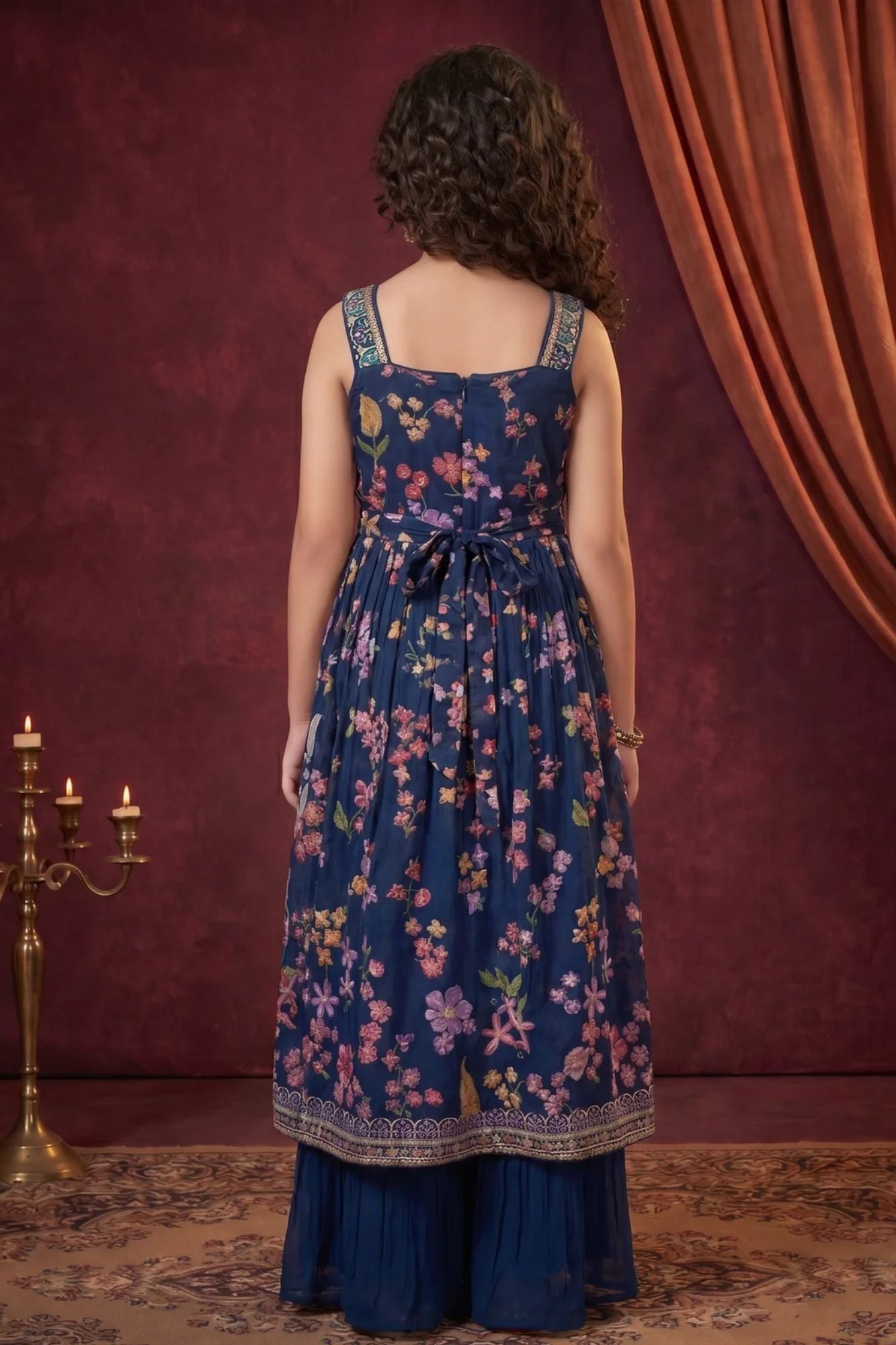 Girls Navy Blue Floral Printed Ethnic Palazo Set with Dupatta