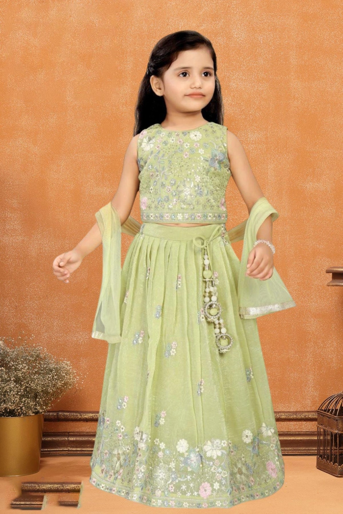 Pista Green Floral Embroidered Lehenga Choli with Dupatta For Girls