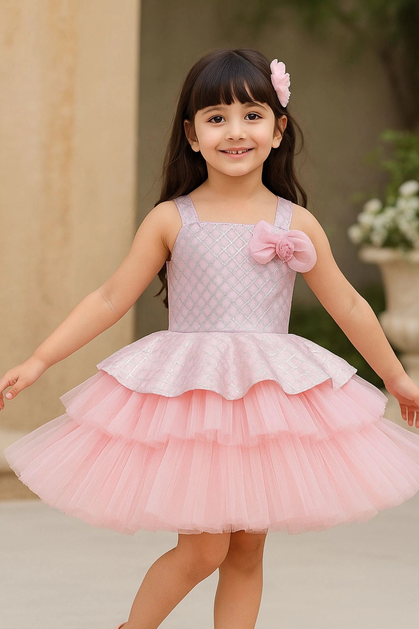 Pink & Silver Layered Sequins Embroidered Party Frock with Shoulder Bow For Girls