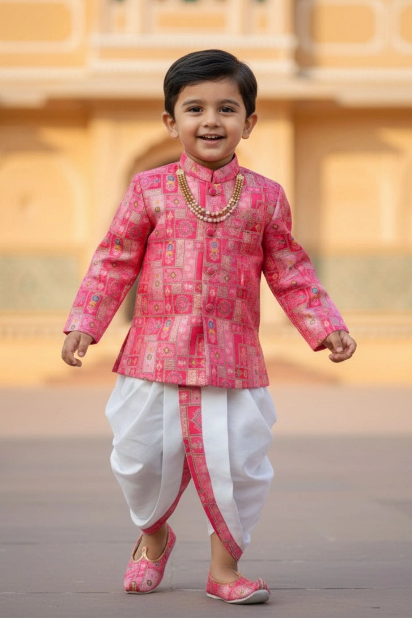 Pink Patchwork Printed Kurta And Dhoti  Set for Boys