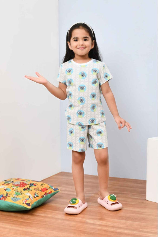 Soft & Stylish Offwhite Checked And Cute Koala Printed Night Suit Set for Girls