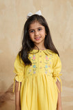 Bright Yellow Floral Embroidered Cotton Dress with Puff Sleeves For Girls
