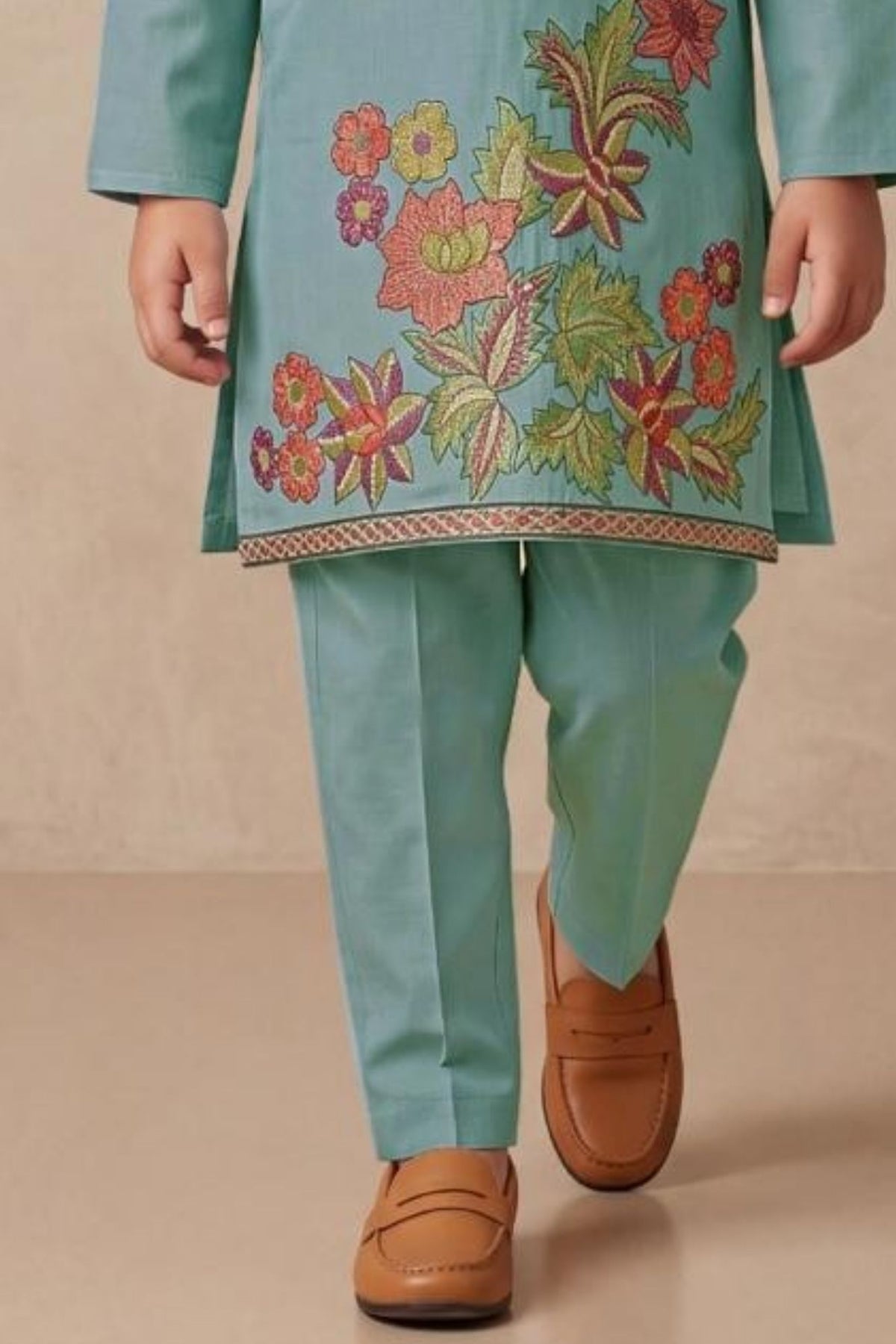 Boys Elegant Blue  Floral Embroidered Kurta Set