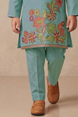 Boys Elegant Blue  Floral Embroidered Kurta Set